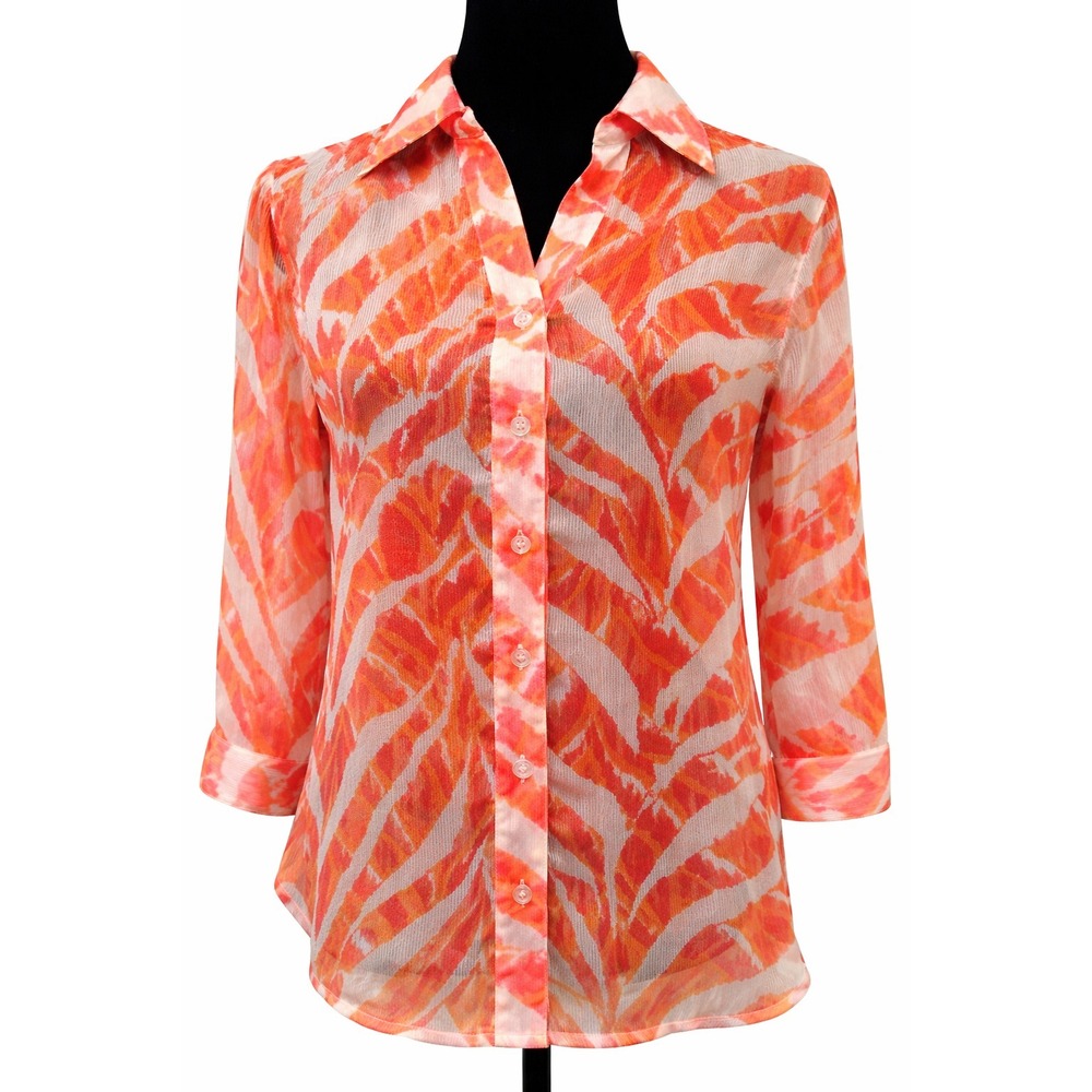 Chico's Womens Blouse Sz 0 White Orange Geometric Print Button Down Long Sleeve‎